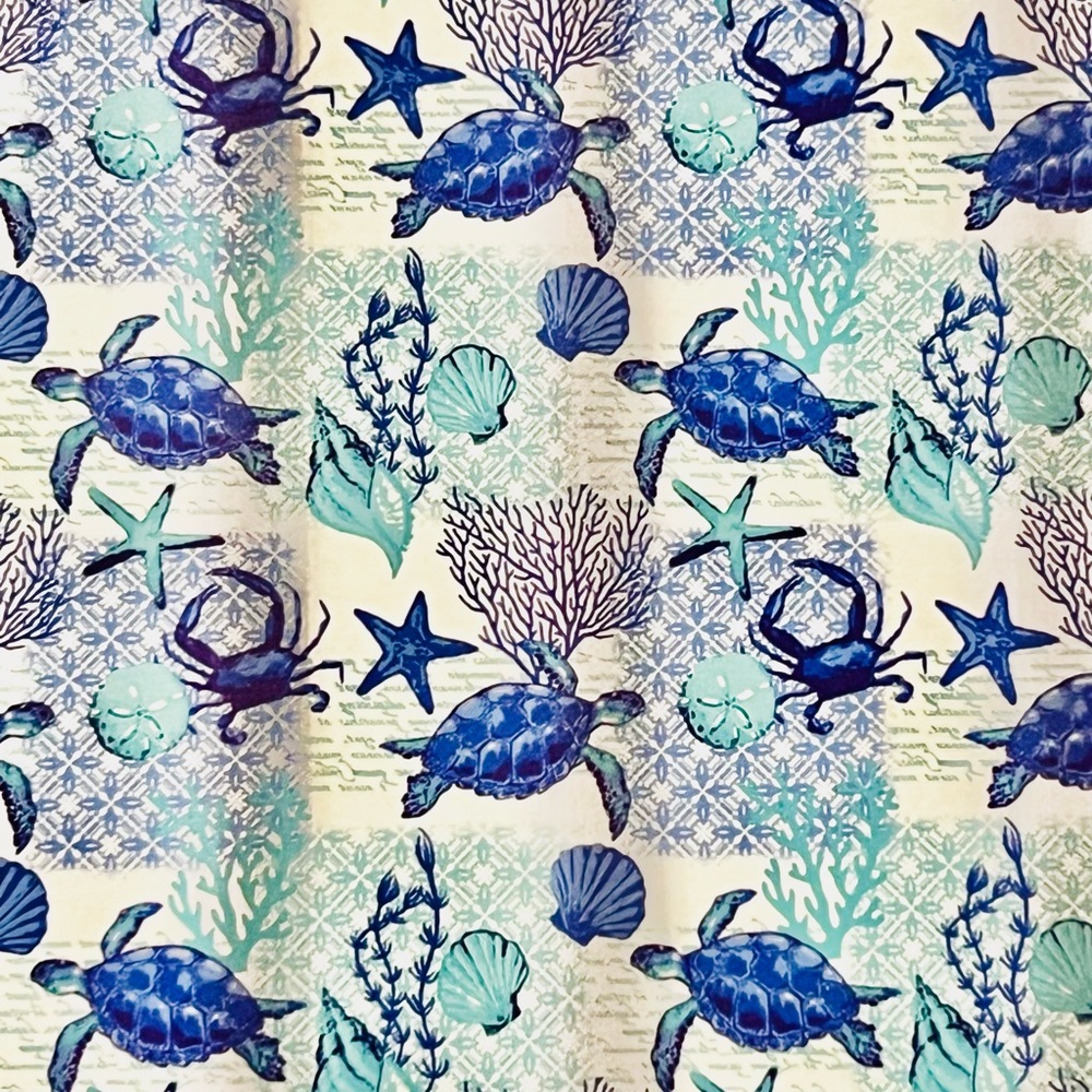 Blue Cora Ocean Fabric Shower Curtain Turtles Crab Starfish Shells Corral Plants